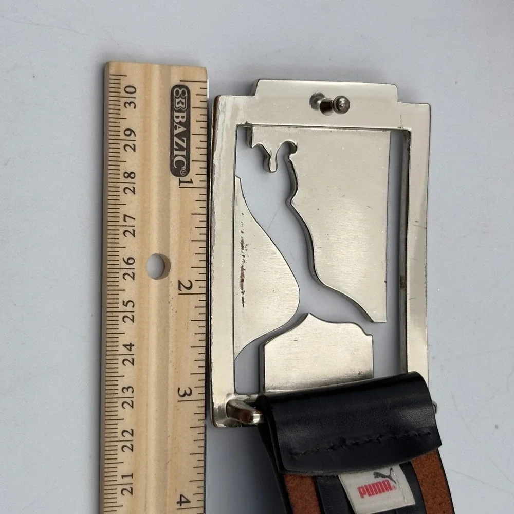 Puma Black Genuine Leather Belt Silver Logo Cutout Plaque Buckle Size S 80cm